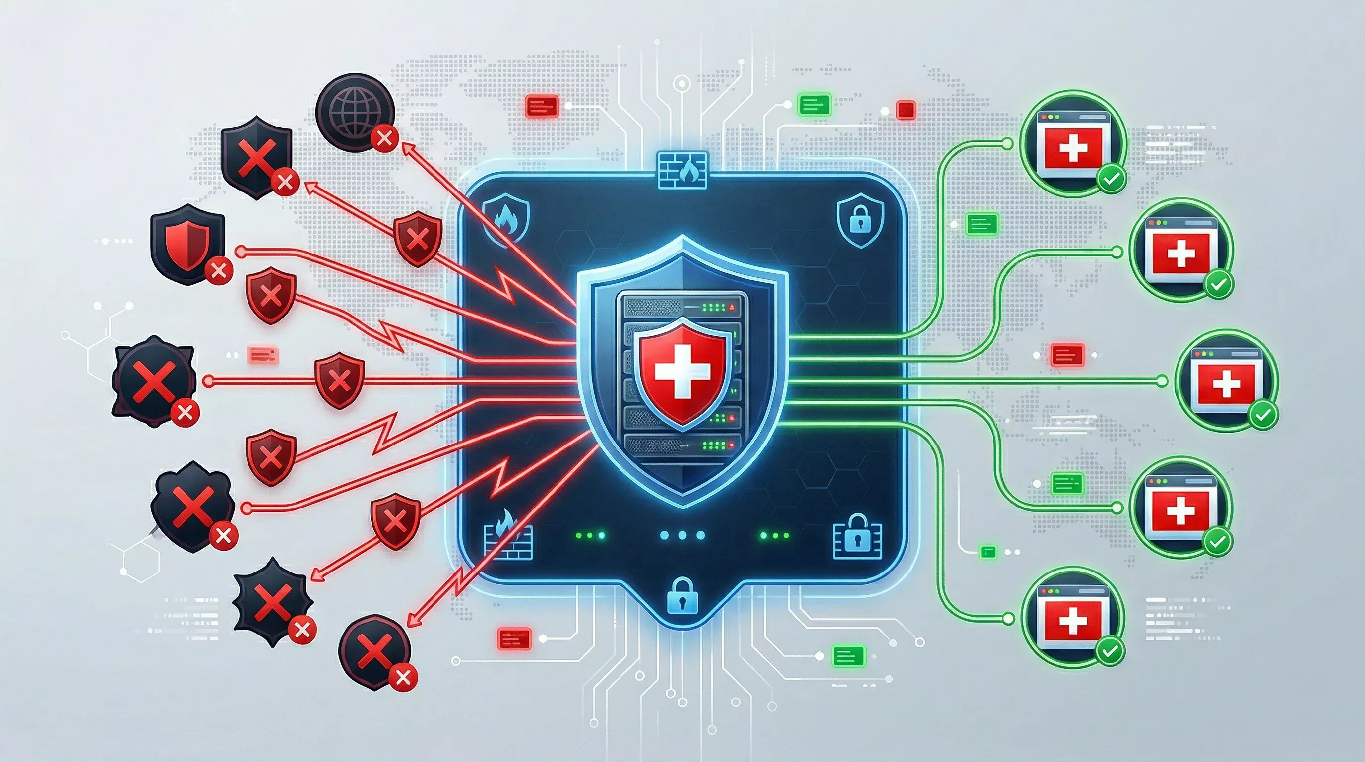Netzwerkdiagramm mit Schweizer Server und gesperrten Verbindungen zu ausländischen Domains