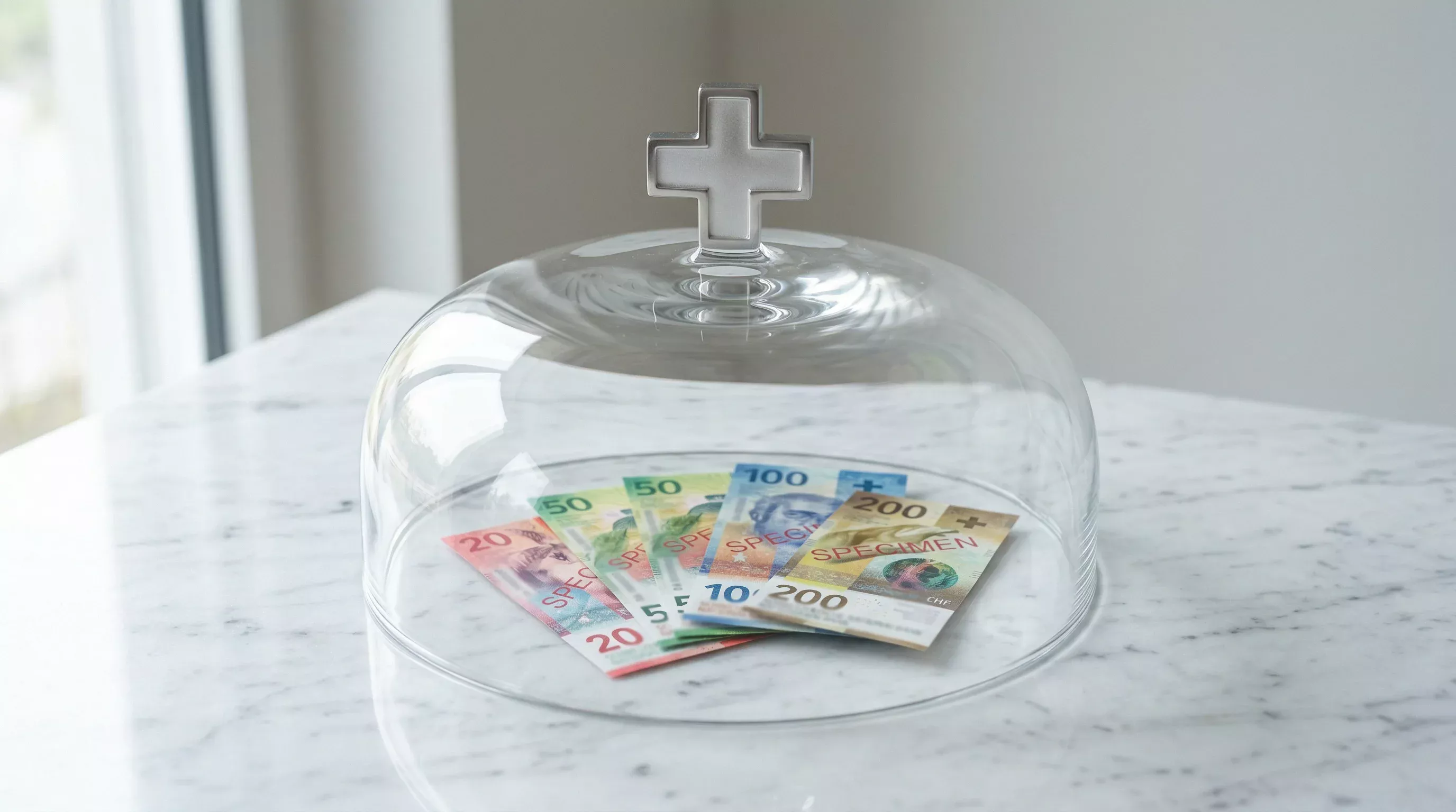 Schweizer Franken Scheine symbolisch unter einem Schutzschild mit Schweizer Kreuz