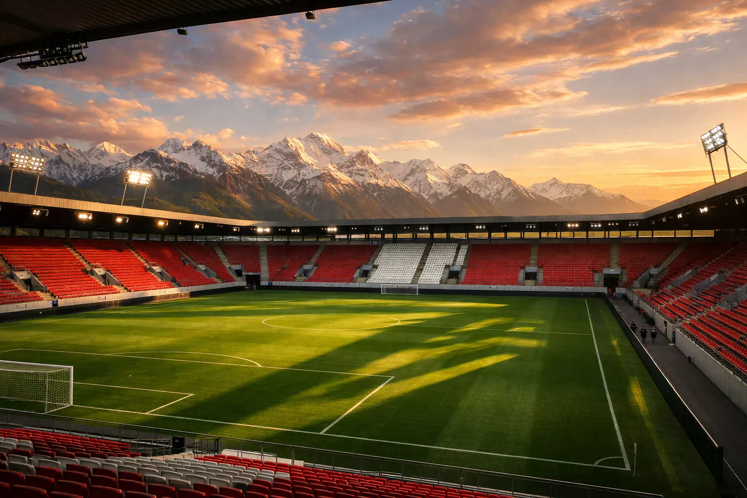 Blick über ein Schweizer Fussballstadion bei Abendstimmung mit Alpen im Hintergrund