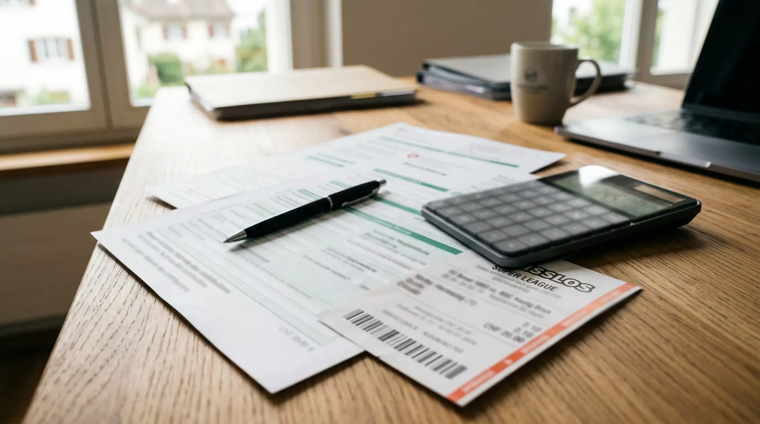 Schweizer Steuerformular mit Taschenrechner und Fussballticket auf einem Schreibtisch