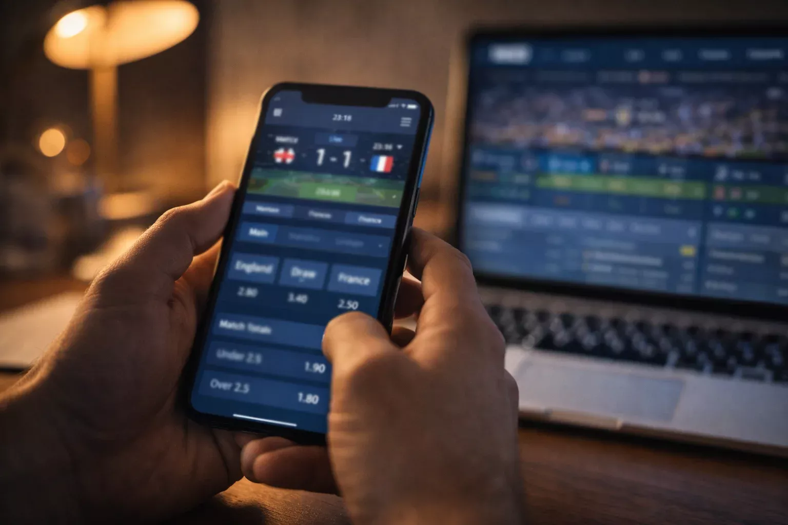 Person mit Smartphone vor einem Laptop mit Sportwetten-Interface bei gedämpftem Licht