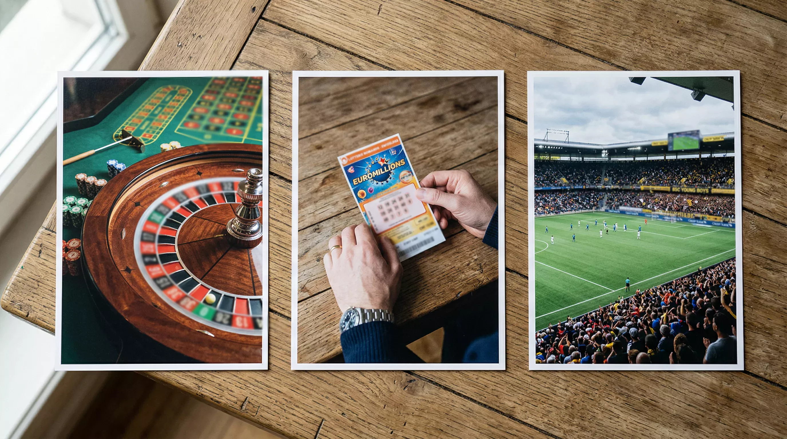 Konzeptionelle Darstellung mit Rouletterad, Lottoschein und Fussballstadion nebeneinander