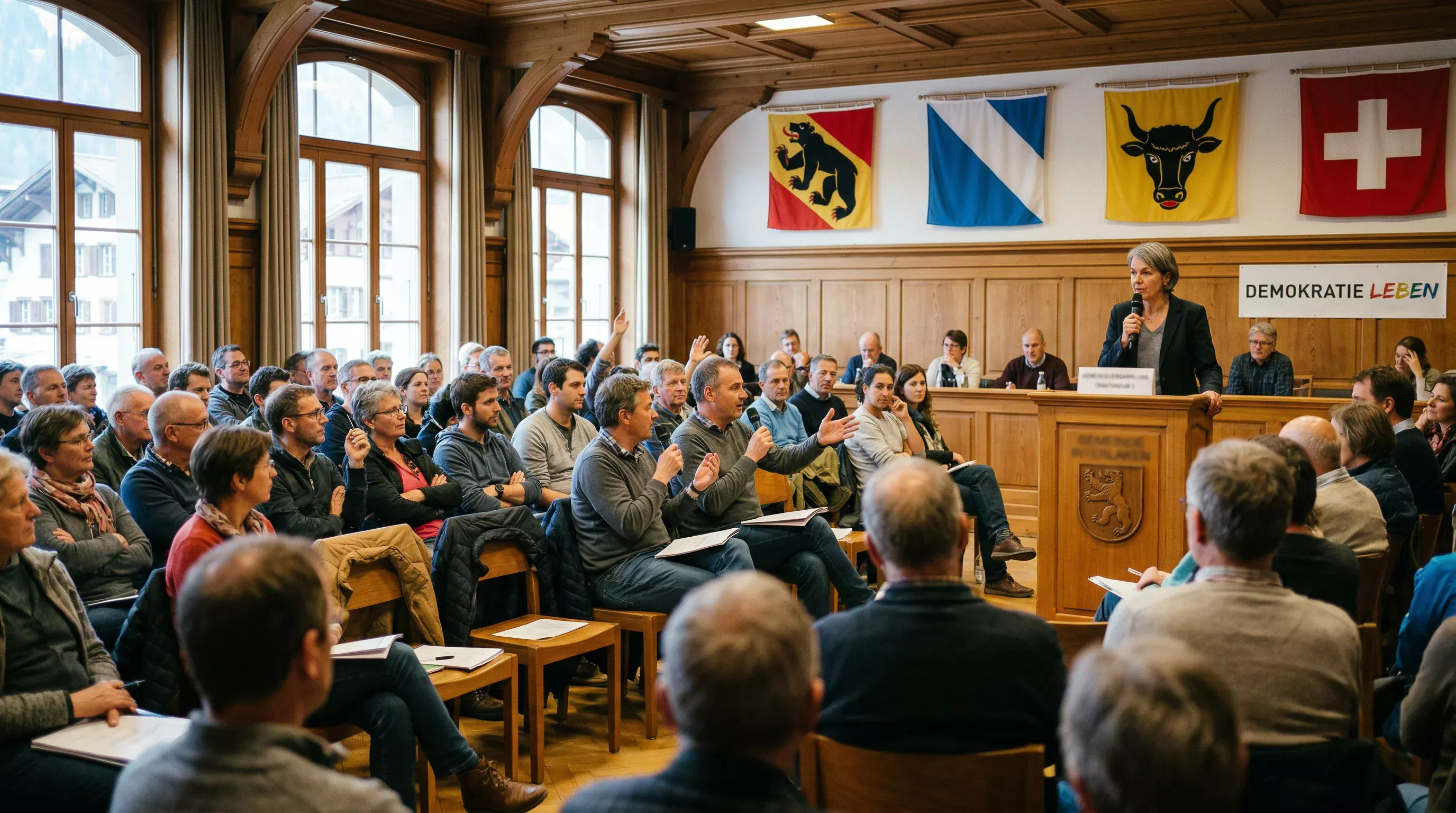 Schweizer Bürger bei einer öffentlichen Diskussionsveranstaltung in einem Rathaus
