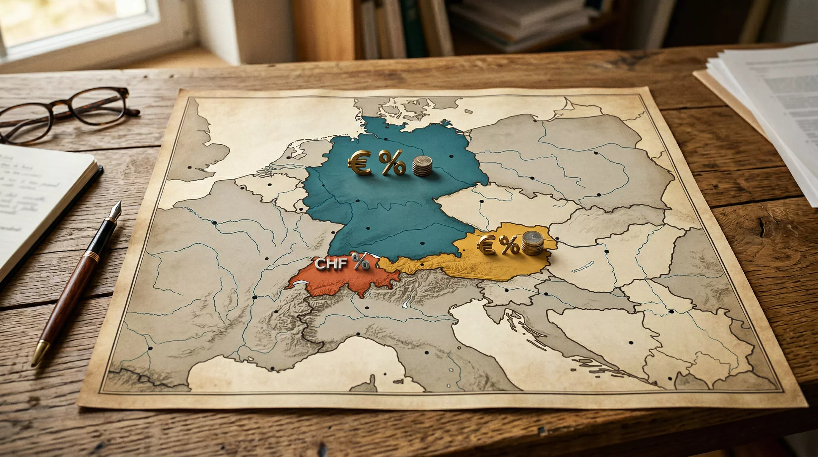 Karte von Zentraleuropa mit hervorgehobener Schweiz, Deutschland und Österreich mit Steuersymbolen