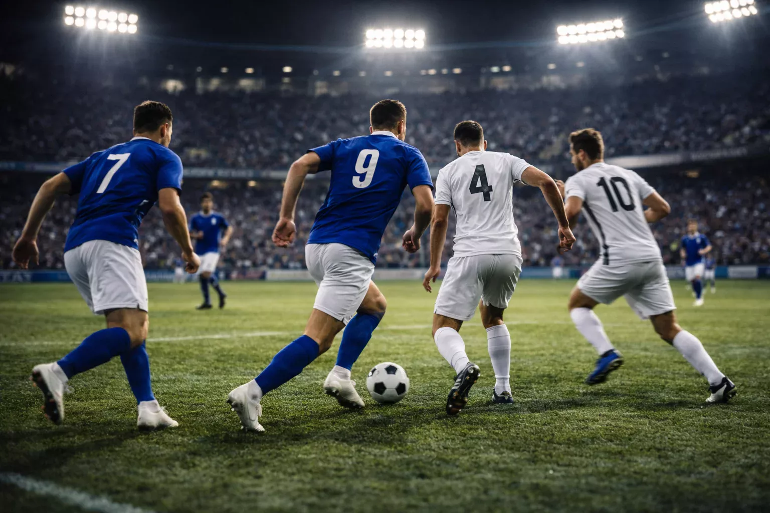 Fussballspiel in einem Stadion bei Flutlicht mit dynamischer Action auf dem Spielfeld