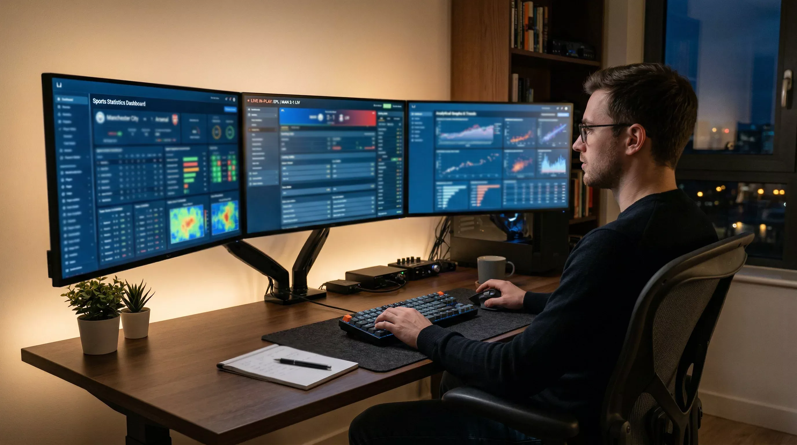 Professioneller Arbeitsplatz mit mehreren Bildschirmen die Sportwetten-Statistiken und Live-Quoten zeigen