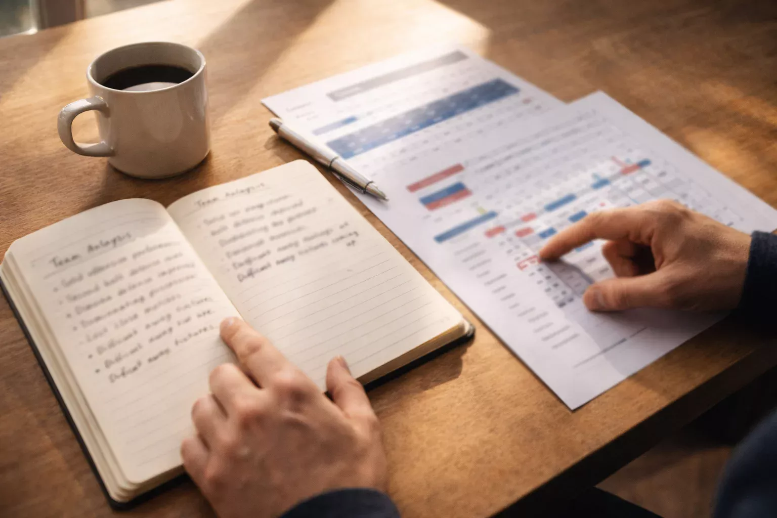 Person studiert Sportstatistiken und Notizen an einem aufgeräumten Schreibtisch