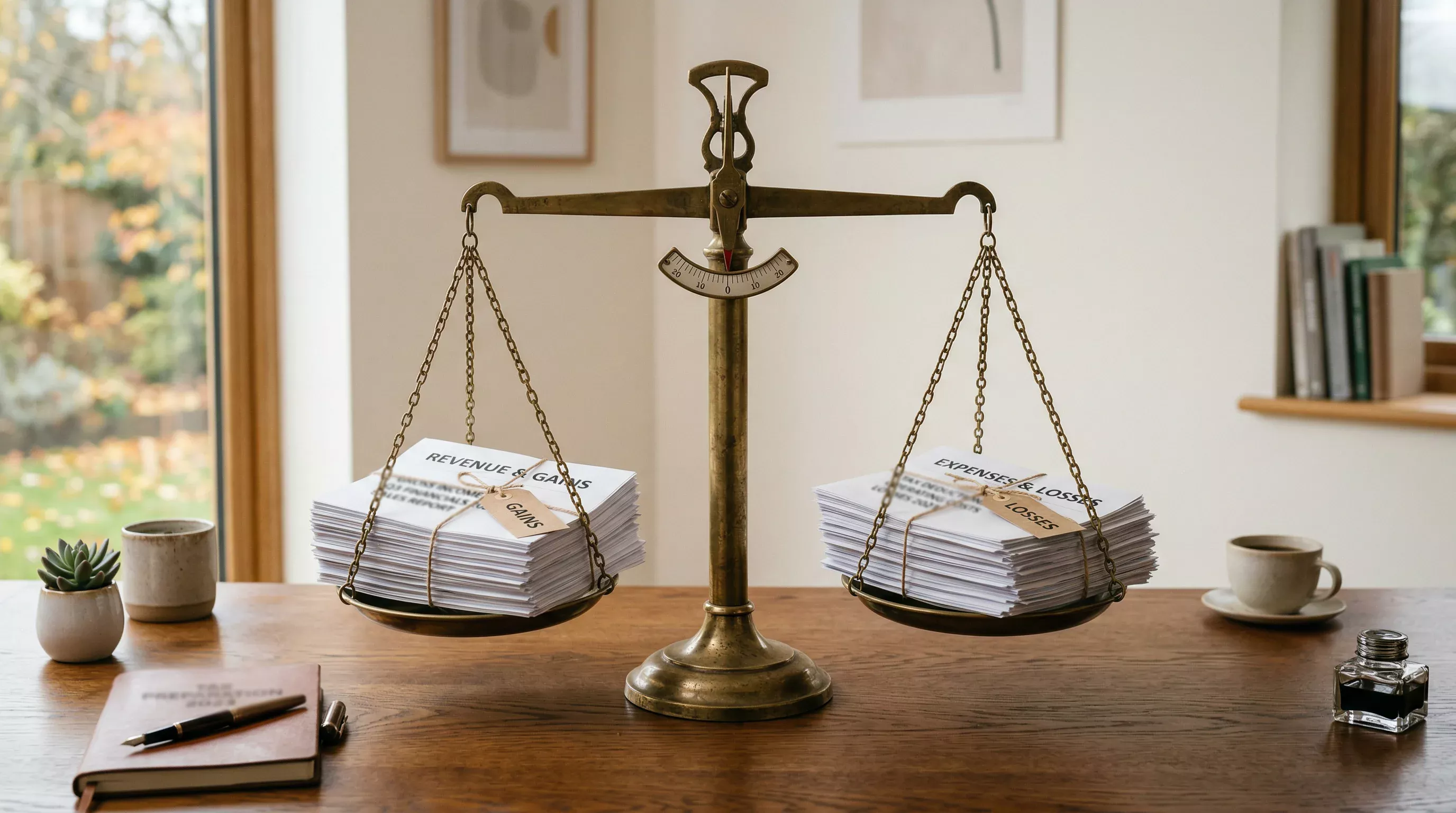 Symbolische Waage mit Gewinn- und Verlustsymbolen im Gleichgewicht auf einem Büroschreibtisch