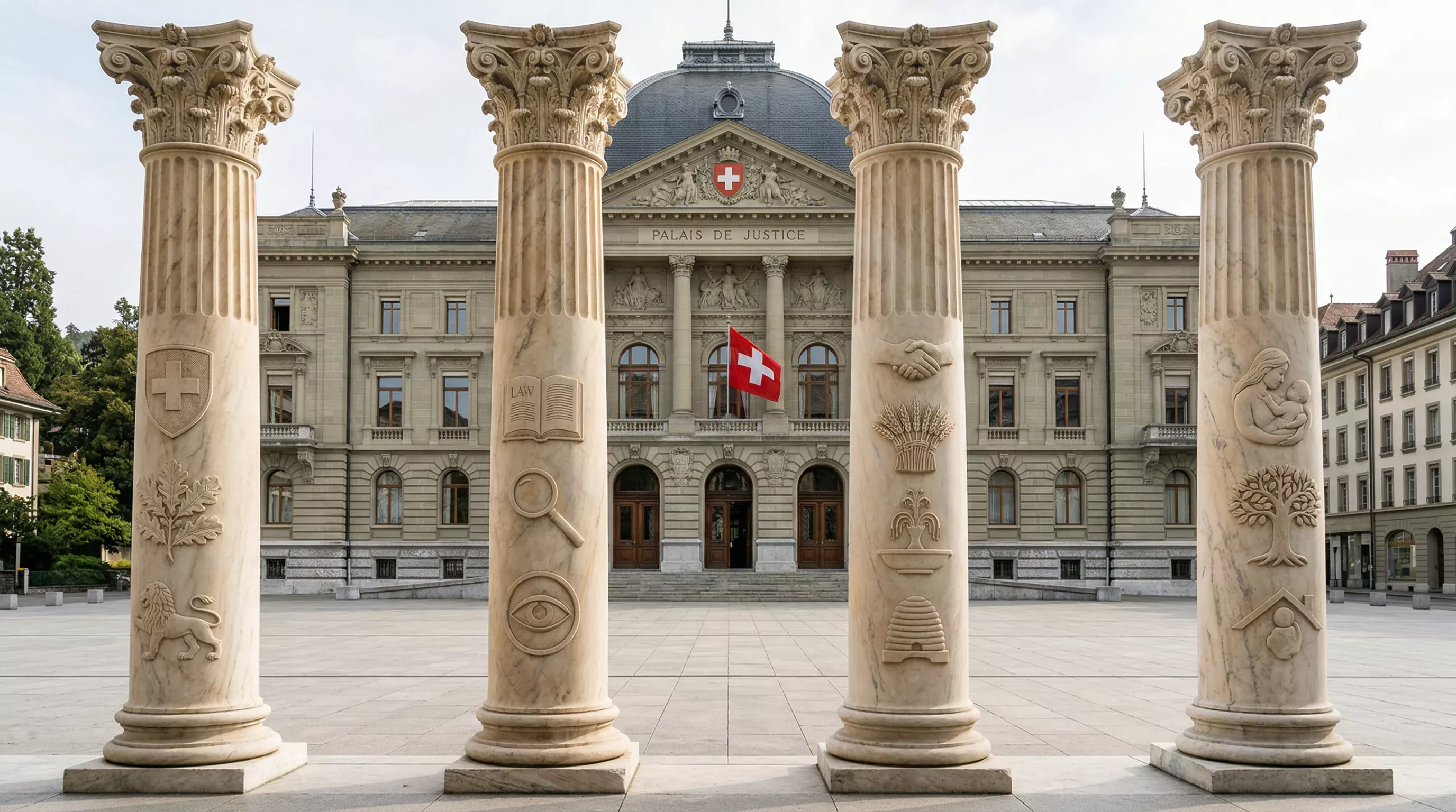 Vier symbolische Säulen mit Schweizer Emblemen vor einem Gerichtsgebäude