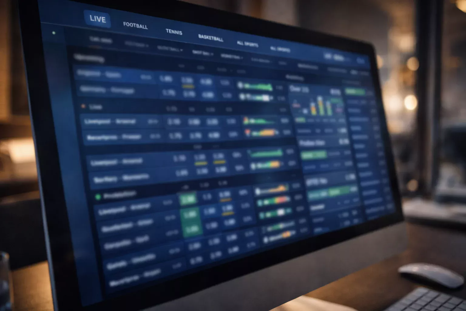 Nahaufnahme eines Bildschirms mit Wettquoten und Statistiken in einem modernen Interface