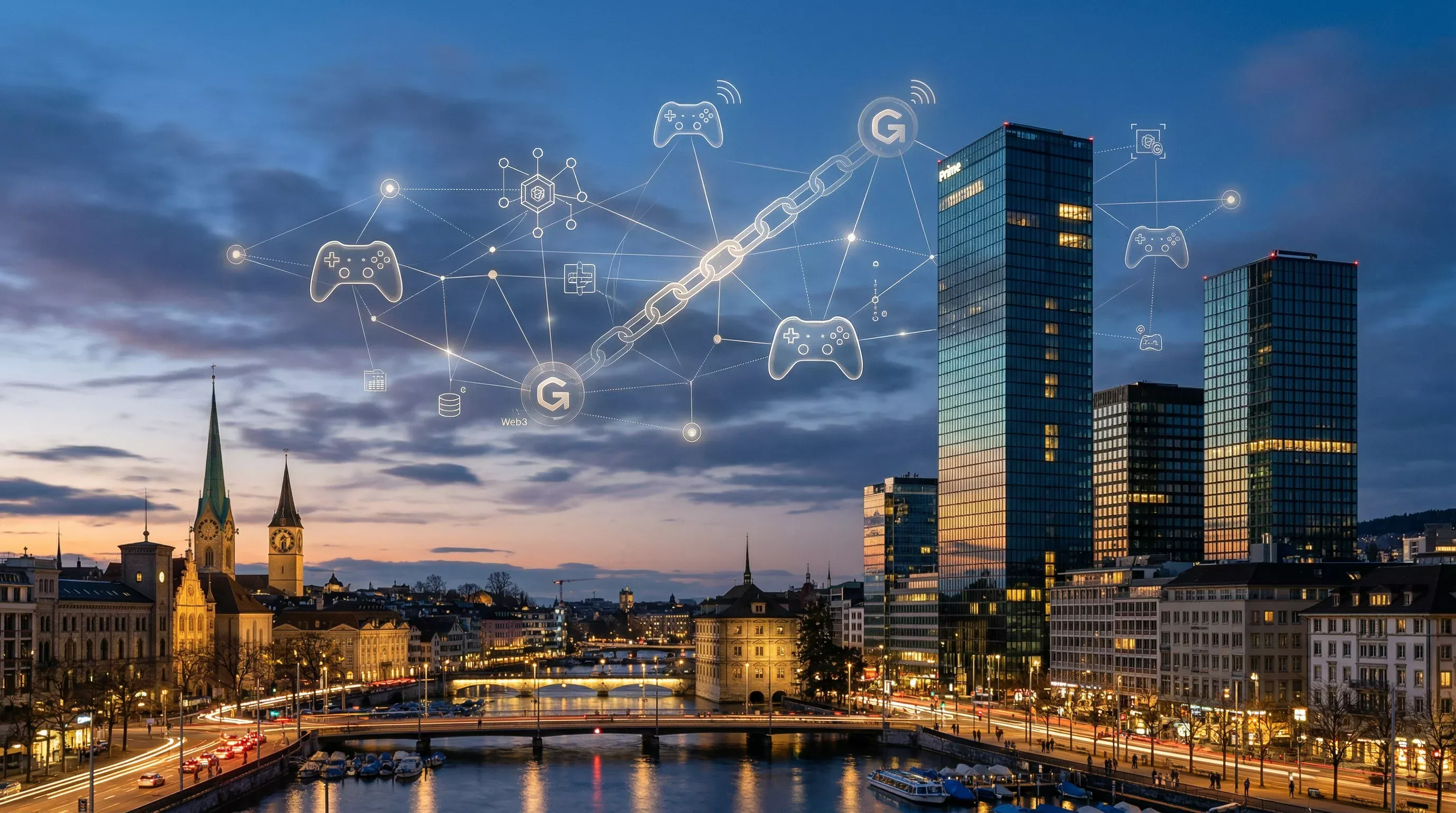 Moderne Schweizer Skyline mit digitalen Symbolen für Blockchain und Gaming